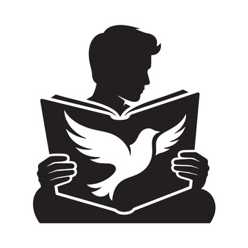 Reading vector illustration, student with book and white dove silhouette, education and peace concept