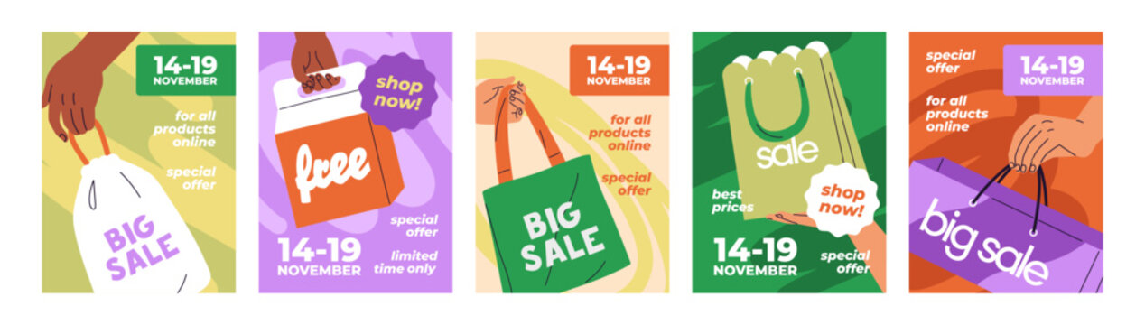 Design of advertising posters for sales in store. Promotion templates with shopping bags and packages for purchases in hands. Set of sale posters with hands holding shopping bags and gift boxes
