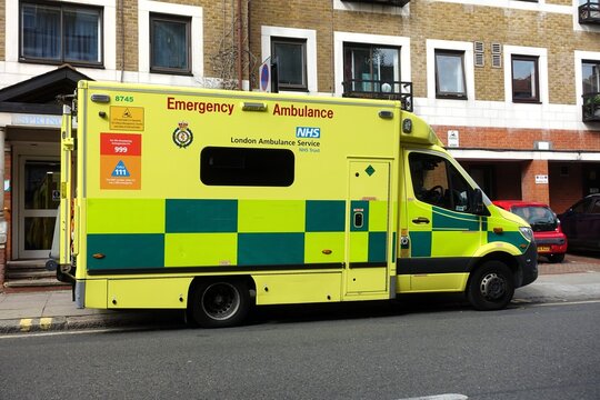 A standard Mercedes-Benz Sprinter emergency ambulance operated by the London Ambulance Service NHS Trust