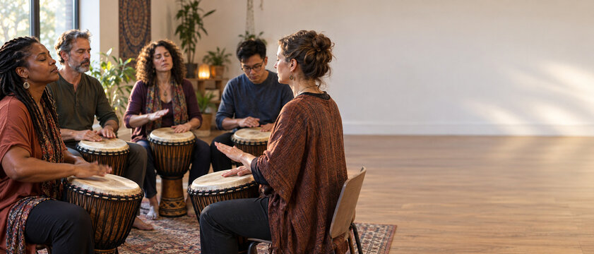 Diverse group playing drums in a music therapy circle