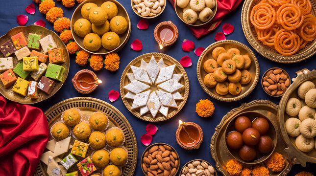 Traditional Indian Diwali sweets arranged on ornate plates with marigolds, rose petals, lamps, and festive textiles in a celebratory display