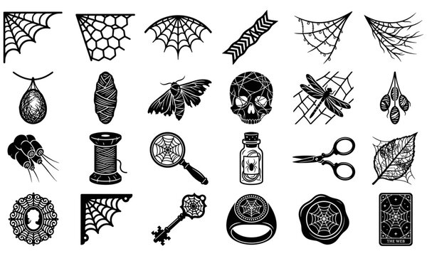 Spiderweb silhouettes set cobweb corner border spider egg sac prey cocoon moth skull magnifying glass and gothic arachnid icons