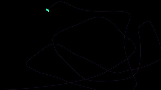 Mouse pointer animation follows a purple line across dark. Interface navigation telemetry guides the mouse pointer animation. Interactive website screen clicks direct through the pointer animation.
