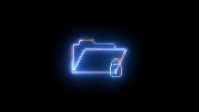 Neon folder icon animation glows with a secure padlock. File directory protection clears through the neon folder icon animation. Cloud database archiving relies on this neon folder icon animation.