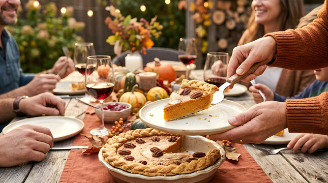 A happy mother serving a homemade sweet pie during a warm family Thanksgiving gathering on a cozy outdoor patio.