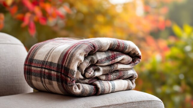 Single blanket folded on sofa with cozy seasonal background