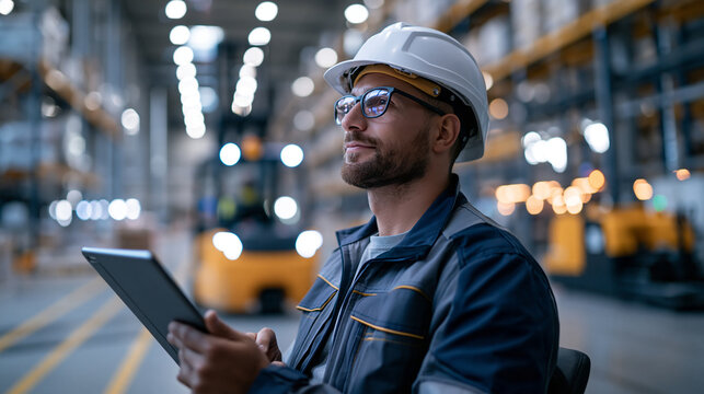 Worker in PPE monitoring a guided industrial vehicle passing through a marked factory lane, copy space on the left