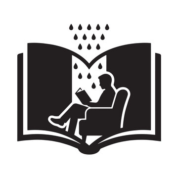 Reading book icon vector illustration with person relaxing in armchair and falling rain drops representing imagination and knowledge