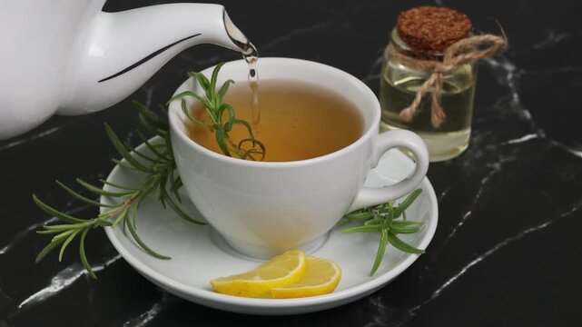 rosemary tea cup of herbal rosemary tea with lemon