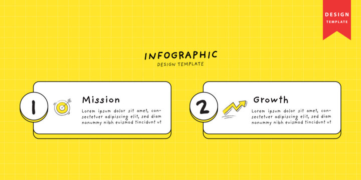 2 steps business infographic design template. Hand drawn doodle icons and white boxes on yellow grid background.