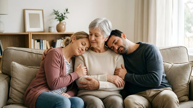 Mature mother sitting on sofa with adult son and daughter embracing