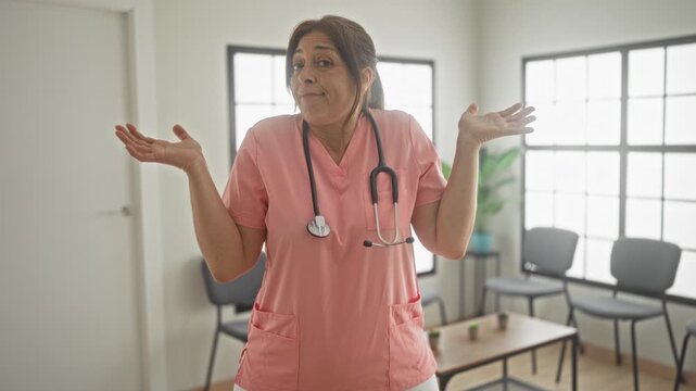 Woman doctor middle age hispanic in pink scrubs with stethoscope shrugs hands and raises palms in a quiet clinic building waiting room; uncertainty.