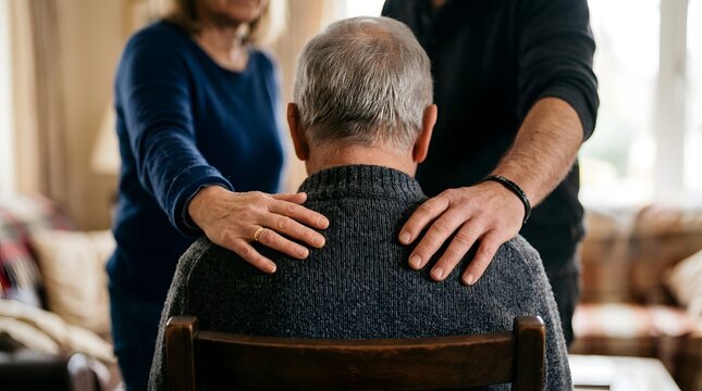 Supportive family members comforting an elderly man sitting on a chair