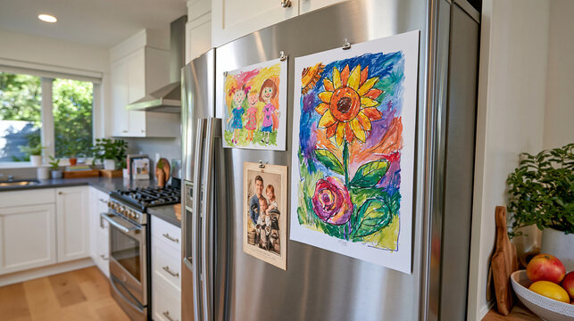 Colorful children's drawings and a vintage family photograph attached with small magnets to a bright clean metal refrigerator door, playful artwork mixed with nostalgic keepsakes, soft even kitchen 