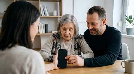Fototapeta premium Young woman showing smartphone to senior mother and man at home