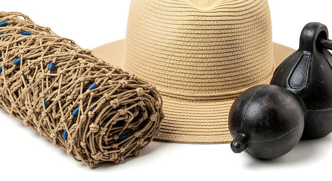 Traditional Fishing Net, Straw Hat, and Iron Sinker Weights Isolated on White Background