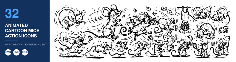 Obraz premium Animated Cartoon Mice, Action Icons Set, Hand-Drawn Illustration, Playful Design, Vector Graphics, Entertainment Concept