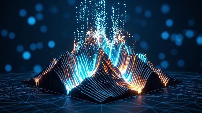 Abstract data visualization of a mountain landscape with glowing blue with particles rising surface analysis