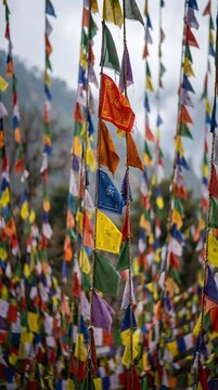 A vibrant and colorful display of prayer flags fluttering gently in the himalayan mountain breeze