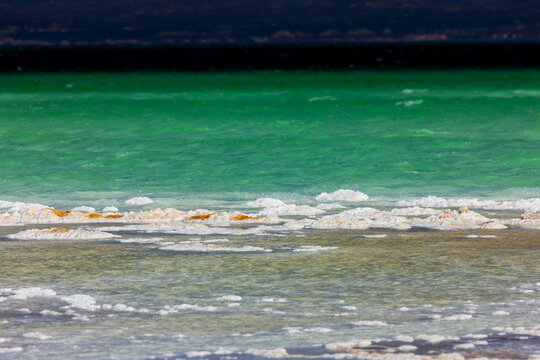 Crystallized salt foam lines the edge of Lake Assal's green water, Dikhil Region, Lake Assal, Djibouti