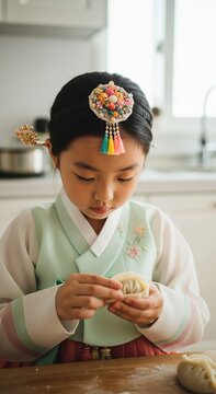 Traditional Korean Culture Young Girl in Pastel Hanbok Making Handmade Dumplings in Kitchen ideal for Lunar New Year promotions and cultural heritage articles. Vertical. Portrait Orientation.