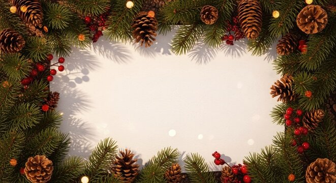 Horizontal pine branch frame with pinecones and red berries