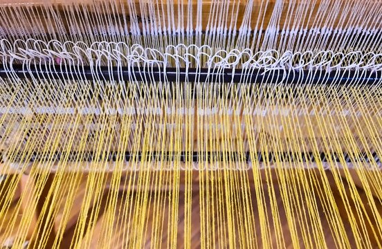 Weaving loom with yellow and white warp threads