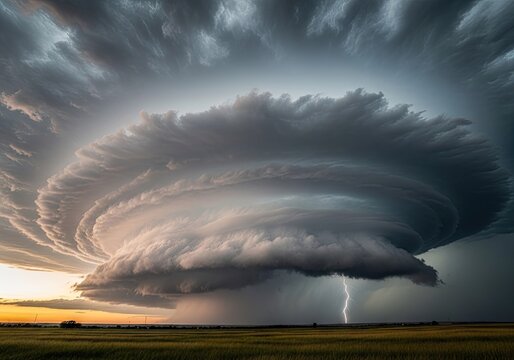 Intense rotating supercell cloud over prairie with lightning.