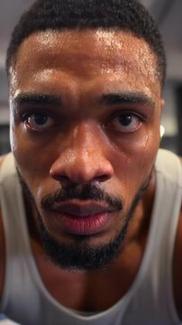 Athlete staring direct portrait view with sweat, intense eyes and focused face for fitness training, workout motivation, endurance challenge, mental strength, and performance discipline media
