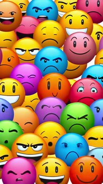 Emoji crowd shifts emotions in wave pattern across colorful faces, social media reaction surge, audience sentiment, viral mood change, chat feedback, online behavior, and app engagement analytics.
