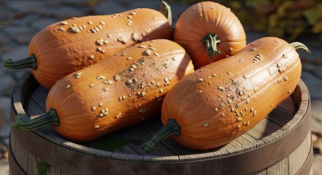 Long orange winter squashes resting on barrel lid.