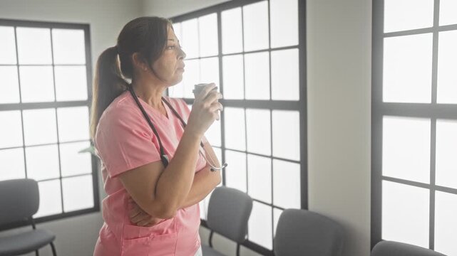 Woman doctor in pink scrubs drinking coffee from a cup with hand to mouth and stethoscope around neck in building; quiet fatigue.
