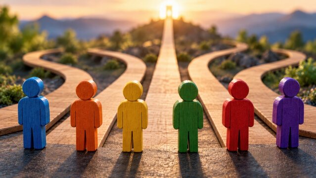 Six colorful wooden human figurines standing before diverging paths leading toward distant glowing light at horizon.