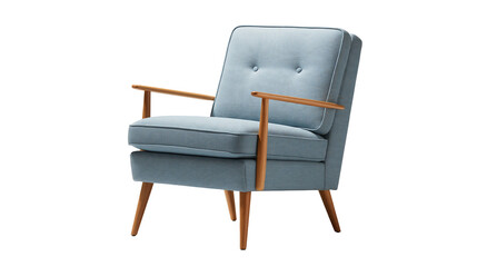 Mid-century modern armchair with blue fabric upholstery and wooden armrests © Natalia