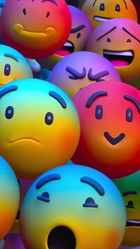 Emoji group morphing close-up through emotional spectrum, supporting reaction stickers, social media comments, sentiment tracking, chat messaging, user feedback, and app engagement media use.