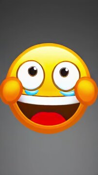 Emoji laughs uncontrollably after surprise on gray background, humor reaction, viral meme sticker, joyful expression, chat response, positive feedback, social comedy, app delight for mobile content.