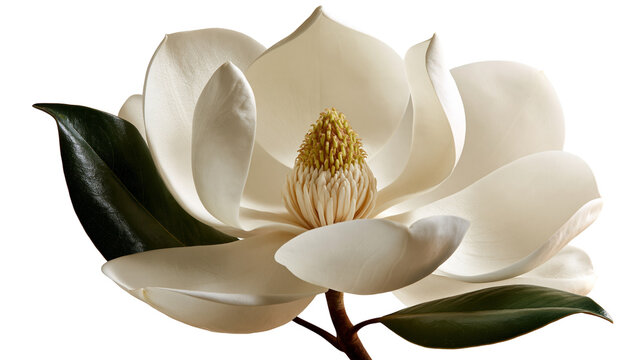 Large white magnolia flower with dark green leaves and yellow central stamen
