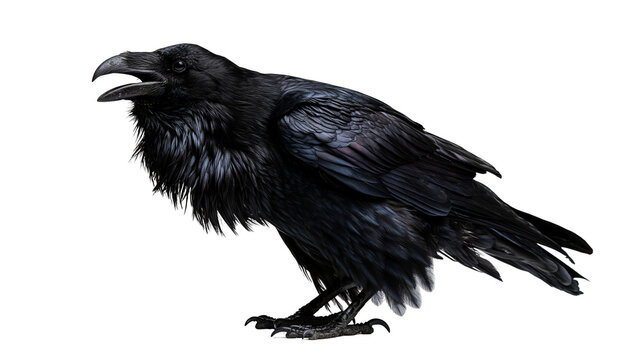 Common raven with glossy black feathers and open beak standing in profile