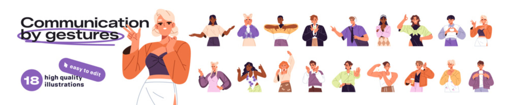 Communication by gestures. People show positive and disapproval signs with hand gestures. Person and body language. Happy people with hands signs of OK, Hello, Yes, peace, stop and thumbs up