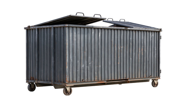 Large rectangular industrial metal dumpster with hinged lids and rolling wheels