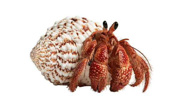Red hermit crab with textured brown legs inside a spiral patterned seashell