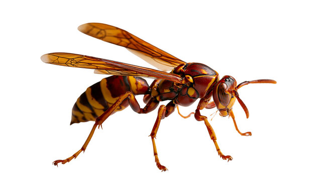 Detailed macro shot of a brown and yellow paper wasp with translucent wings