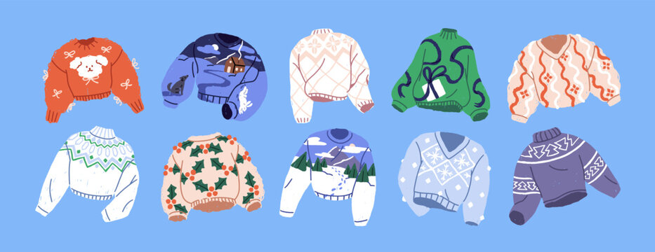 Christmas ugly sweaters set. Knitted jumpers with different Xmas patterns. Wool pullovers for New Year and winter holidays. Cozy clothes with cute prints. Flat isolated vector illustrations
