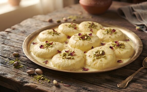 Delicious traditional Indian sweet rabri malai sandwich garnished with pistachios and rose petals arranged on a brass plate on a rustic wooden table.
