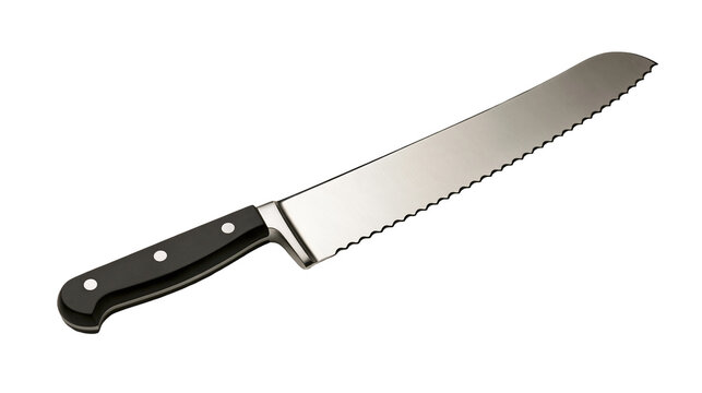 Stainless steel serrated bread knife with black riveted handle