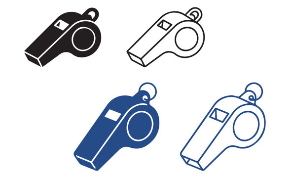 Set of four simple sports whistle icons in black and blue colors with referee whistle