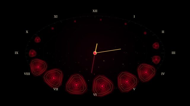 Minimalist Red Floral Clock Face Animation with Rotating Petal Motion Graphics on Black Background