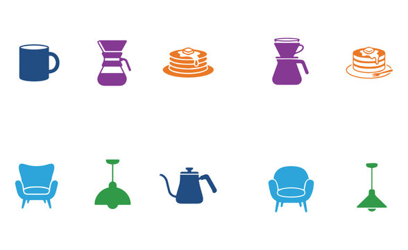 Set of colorful flat vector coffee and interior design furniture icons with pancake icons
