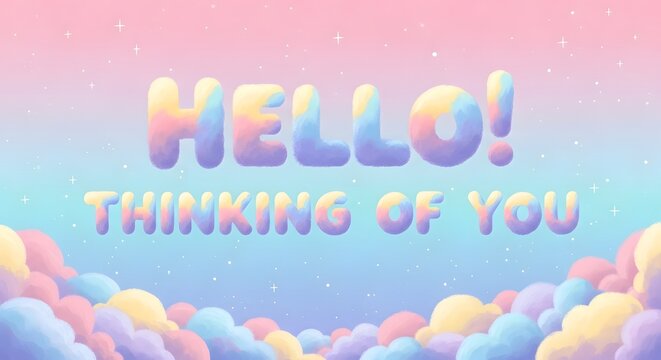 Pastel background with fluffy clouds and Hello Thinking of You text in a cute 3D style