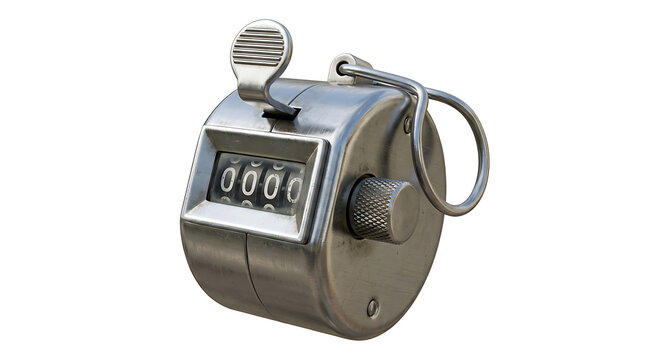 A metallic tally counter with a finger ring and mechanical digital display isolated on white background